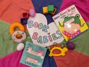 Book Babies logo surrounded by an assortment of toys and board books