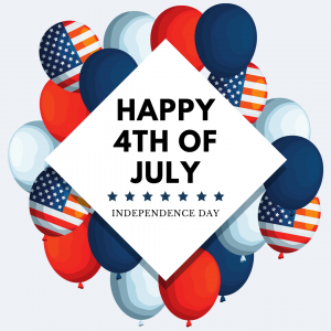 Illustration of the text "Happy 4th of July Independence Day" on a white diamond with a background of red, white, blue, and flag